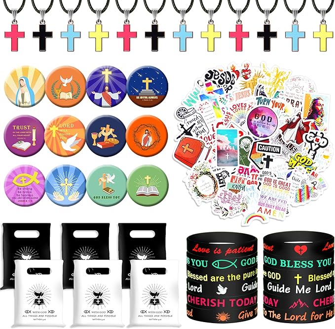 98 PCS Bible Verse Party Favors, Jesus Party Favors Cross Necklace Goodie Bags with Stickers, Rubber Bracelets, Button Pins and Bags for Christian Gathering Party Supplies Decorations