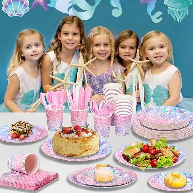168 Pcs Mermaid Birthday Party Decorations Plates Set for 24 Guests, Little Mermaid Party Supplies Ocean under the Sea Party Plate Napkins Knives Forks Spoons Cups for Princess Girls