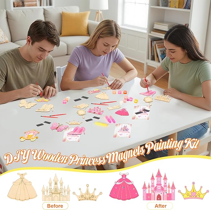 Bafeil 24 Sets Princess Party Favors, DIY Wooden Painting Crafts Kit with Magnets, Princess Birthday Party Supplies, Princess Party Decorations Goodie Bags Gifts Stuffers Prizes