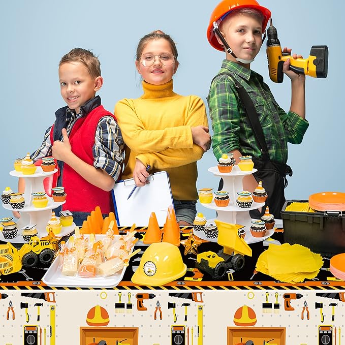 3 Packs Tool Theme Plastic Tablecloths Decoration Waterproof Rectangle Cute Tool TableCover Design with Hard Hat, Nuts, Bolts, Ladders, Spade Patterns for Kids Boys Birthday Party Supplies