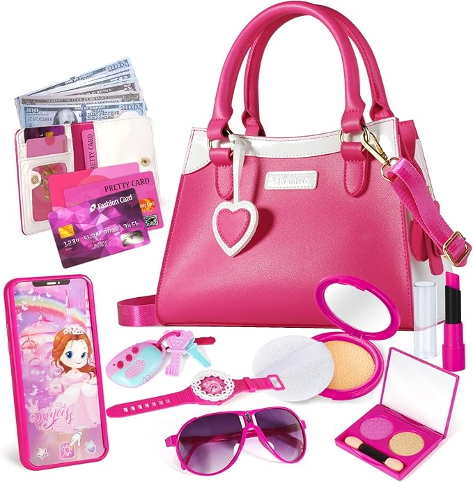 Shemira Play Purse for Little Girls, Princess Pretend Toys for Girls 3 4 5 6 7 8 Years Old, Christmas & Birthday Gift for Kids Age 3-5 4-6 6-8, Toddler Purse with Accessories, Kids Toy Purse,Pink