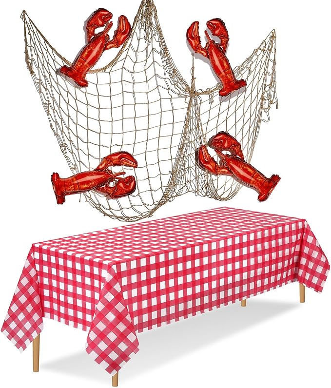 6 Pcs Crawfish Boil Party Supplies Includes Lobster Balloons Crawfish Tablecloth Fish Net Decorative Aluminum Foil Balloons for Nautical Themed Birthday Party Decoration