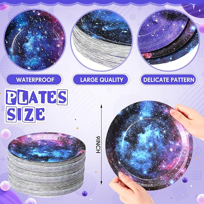 60 Pcs Galaxy Party Plates 9 Inch Astronaut Outer Space Paper Plates Starry Night Sky Birthday Party Supplies for Baby Shower Galaxy Planet Decoration