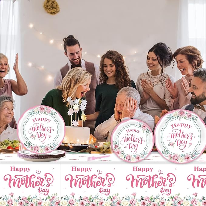 Happy Mother's Day Party Supplies Disposable Paper Plates Napkins Forks Tablecloth for Mother's Day Party Family Dinner Table Decorations Mom's Day Party Table Cover Tableware Set Serve 24