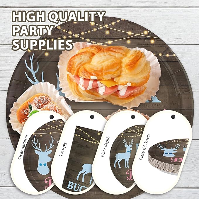 96Pcs Buck or Doe Gender Reveal Party Decorations Rustic Wood Themed Plates and Napkins Blue Pink Deer Disposable Paper Tableware Set for Boy or Girl Gender Reveal Party Supplies Serves 24