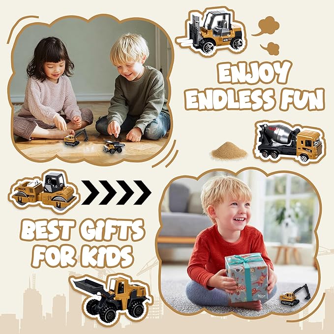 Construction Trucks Vehicles, 6Pcs Die-cast Construction Toys Set, Toys for Boys, Mini Excavator Mixer Truck Bulldozers Forklift Dump Truck,Roller, Car Playset Gift for Boys Age 3-9