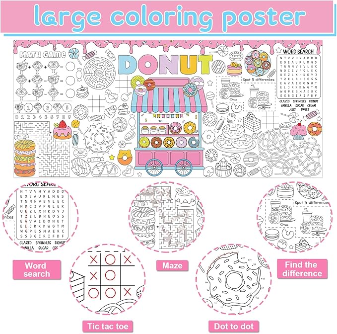 Donut Giant Coloring Poster Candyland Large Versatile Activity Drawing Paper Coloring Tablecloth DIY Dessert Theme Game Poster Table Cover Art Craft Painting Mat Home Classroom Party Supplies