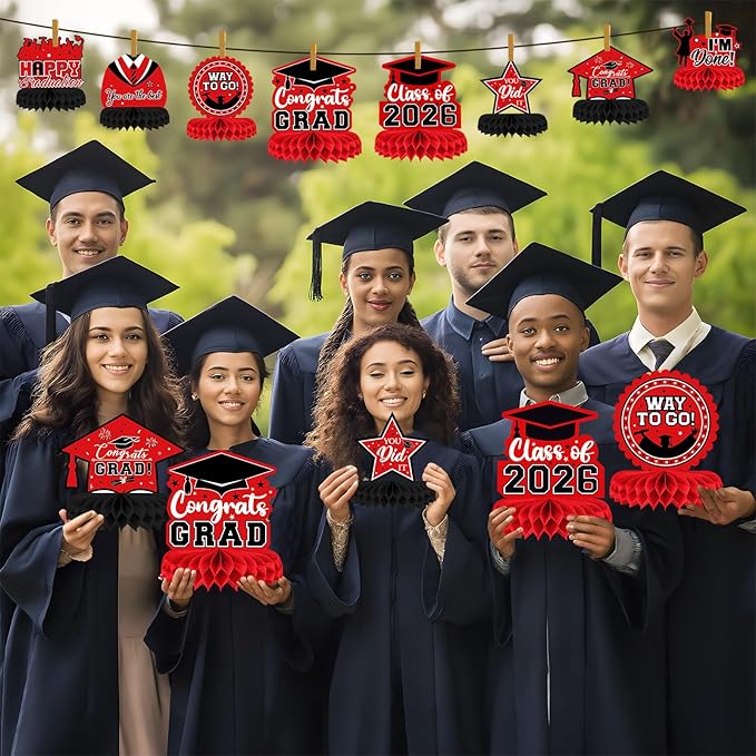 8 Pieces Class of 2026 Graduation Table Decorations - 2026 Congrats Grad Honeycomb Centerpieces, Red Black Graduation Table Toppers Decor for 2026 Graduation Party Decorations Favor Supplies