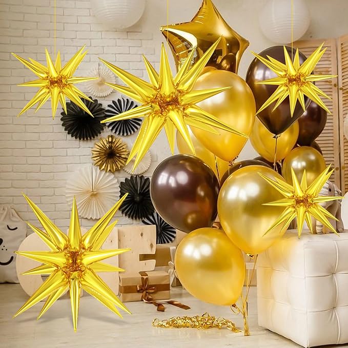 10 Pcs Gold Star Balloons Explosion Balloons Foil Cone Balloon Magic for Birthday Wedding Anniversary Party Backdrops Decorations Supplies, 6 Pcs 22Inches and 4 Pcs 27Inches