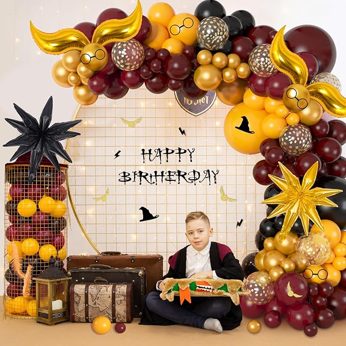 Ouddy Life 172pcs Magical Wizard School Balloons Garland Arch Kit Burgundy Black Gold Confetti Snitch Balloon for Magic Themed Birthday Decorations Baby Shower Party Supplies