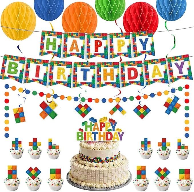 20pcs Building Blocks Themed Birthday Party Decorations Supplies Pack Happy Birthday Banner with Cupcake Topper for Colorful Backdrop Birthdays Party Decor