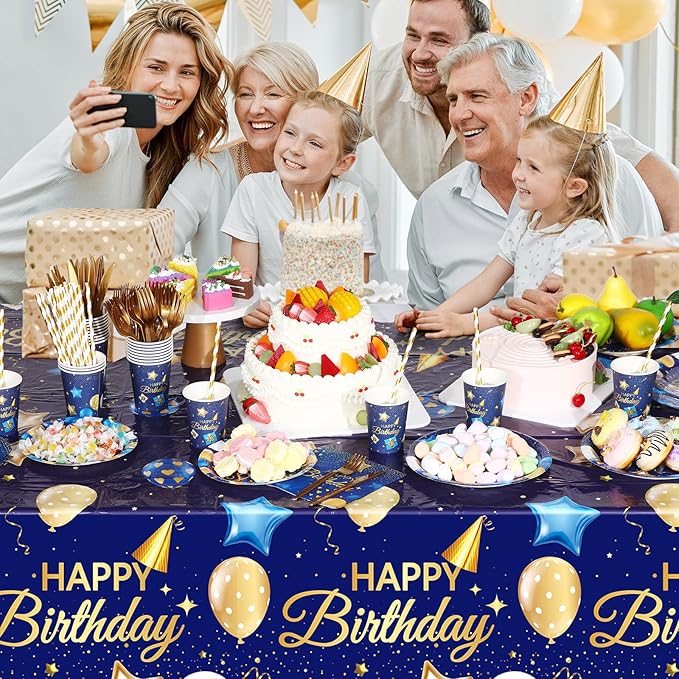 Norme 176 Pcs Navy Blue and Gold Birthday Tableware Set Birthday Decoration Includes Tablecloth Paper Plates Napkins Paper Cups Forks Knifes and Straws for 25 Guests Party Supplies (Fashion)