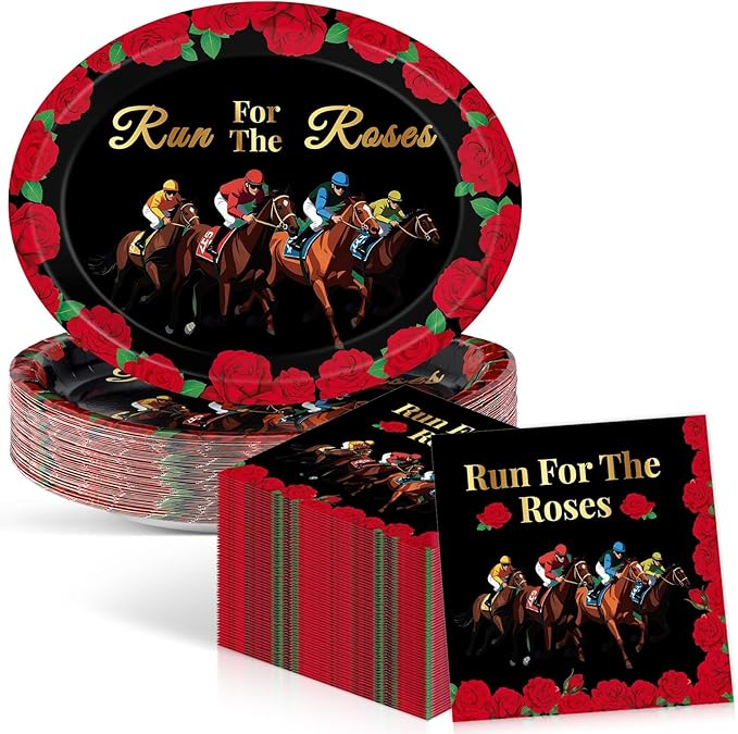 100Pcs Derby Party Supplies Run for the Roses Oval Paper Plates Napkins Derby Day Dinner Plates Horse Racing Disposable Tableware Set for Kentucky Horse Theme Birthday Party Decorations Serves 50