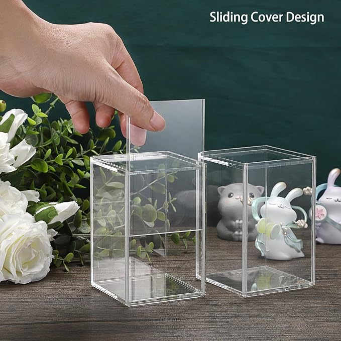 JUXYES 2 Pack Clear Display Case for Mini Action Figures, Acrylic Box with Sliding Door, Stackable Cube Small Showcase, Free Standing Collectibles Protection, 3x3x4.5 Inches