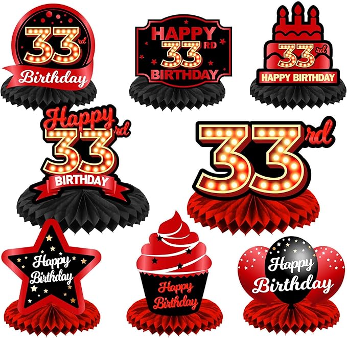 Happy 33rd Birthday Red and Black Table Honeycomb Centerpieces Balloons Theme Decor Table Decorations Table Toppers for Girls Women Princess 33 Years Old Birthday Party Bday Supplies Background Gold