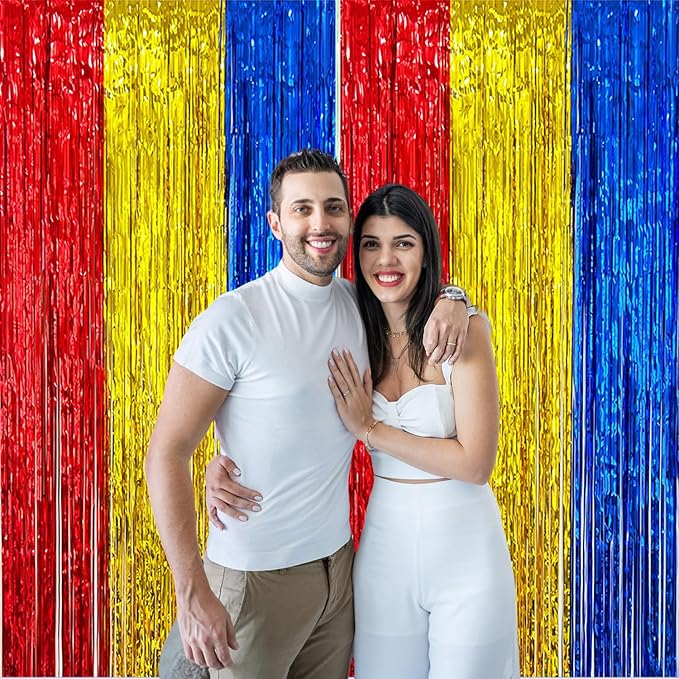 2 Pack Construction Foil Fringe Curtains, 3.3x6.6 Ft Blue Red and Gold Tinsel Backdrop Party Decorations Door Streamers for Birthday House Doorway Room,Photo Booth Props, Party Supplies