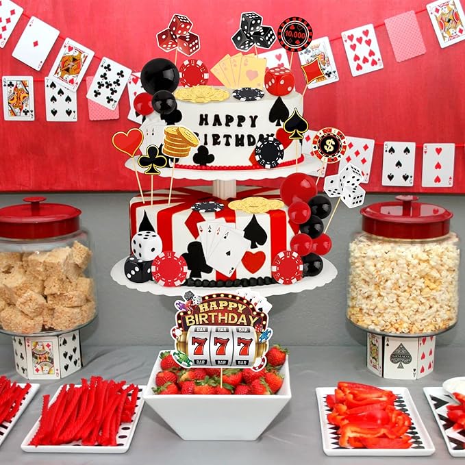 Hooqict 39 Pieces Casino Cake Decorations Set with Mini Slot Machine Dice Poker Birthday Cake Toppers & Cupcake Toppers for Las Vegas Casino Night Theme Party Decorations