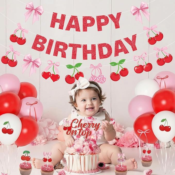 3 Pcs Cherry Birthday Party Decorations Red Glitter Happy Birthday Banner Colorful Hanging Decor Funny Banner Cutout Garland for Themed Decorations Bridal Shower Party Supplies
