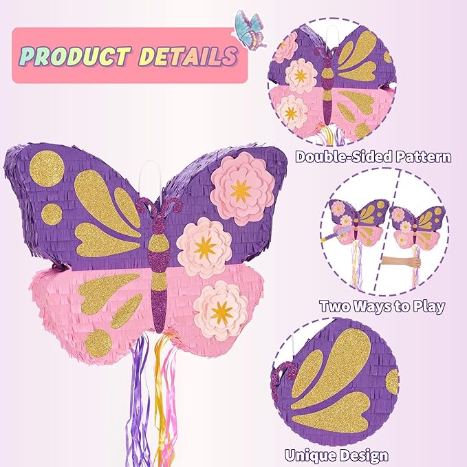 WERNNSAI Butterfly Piñata - Butterfly Birthday Party Supplies Piñata with Stick and Blindfold for Girls Kids Pull String Piñata Family Games Classroom Birthday Party Decorations 16.4” x 12.4”