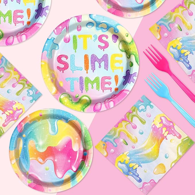 96Pcs Slime Birthday Party Decorations Colorful Slime Party Plates Disposable 350GSM It's Slime Time Paper Tableware Set for Boys Girls Glitter Slime Splatter Splash Birthday Party, Serves 24