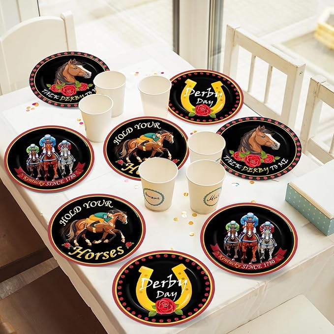 48Pcs Derby Day Party Paper Plates for Horse Racing Themed Party Supplies 7" Kentucky Horse Racing Day Party Disposable Dessert Roses Plates for Derby Horse Race Run Talk Derby to Me Party Decorations