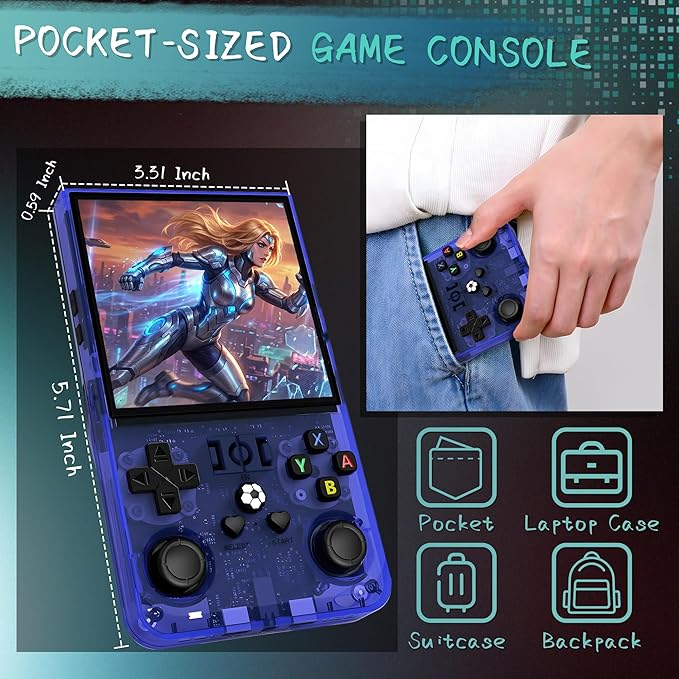 R36MAX Handheld Game Console, 40000+ Games Retro Gaming Console, 256GB TF Card Mini Retro Video Console, 4000mAh Rechargeable 4.0" IPS HD Screen Portable Pocket Arcade (Transparent Blue)