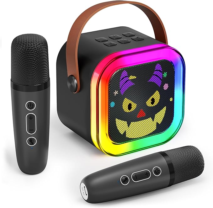 Mini Karaoke Machine with 2 Wireless Microphone for Kids Girls & Boys - Portable Bluetooth Speaker Kids Gifts for Girls Ages 4-12 Year Old Black Monster Style
