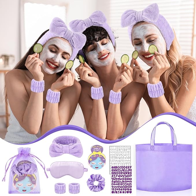 72 Pcs Spa Sleepover Party Supplies for Girls With DIY Stickers And Greeting Card Purple Headband Wristbands Eye Mask Hair Scrunchie Tote Bag Sleeping Slumber Party Favors