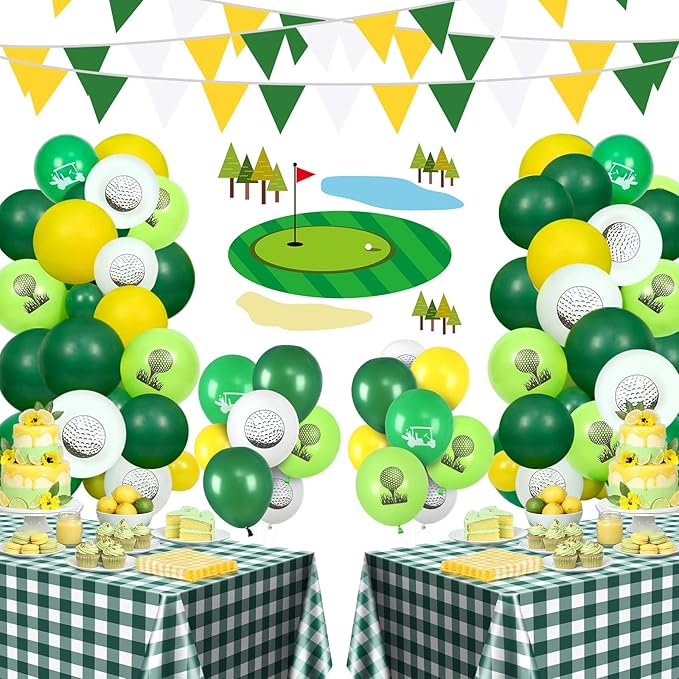 Leyndo 119 Pcs Golf Theme Party Decorations Include Yellow White Green Balloons Checkered Tablecloths Disposable Napkins Pennant Banner with Tool for Golf Summer Birthday Wedding Party Supplies