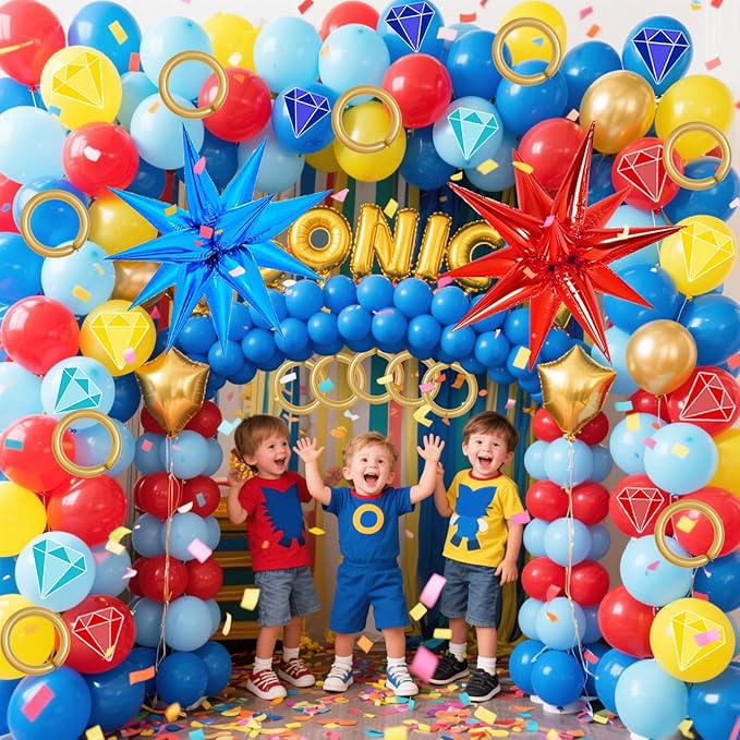 121 Pcs Red Blue Gold balloon garland Arch Kit, for Cartoon Blue Hedgeho Themed Birthday Party Decorations Boys Girls Gatherings Party Supplies