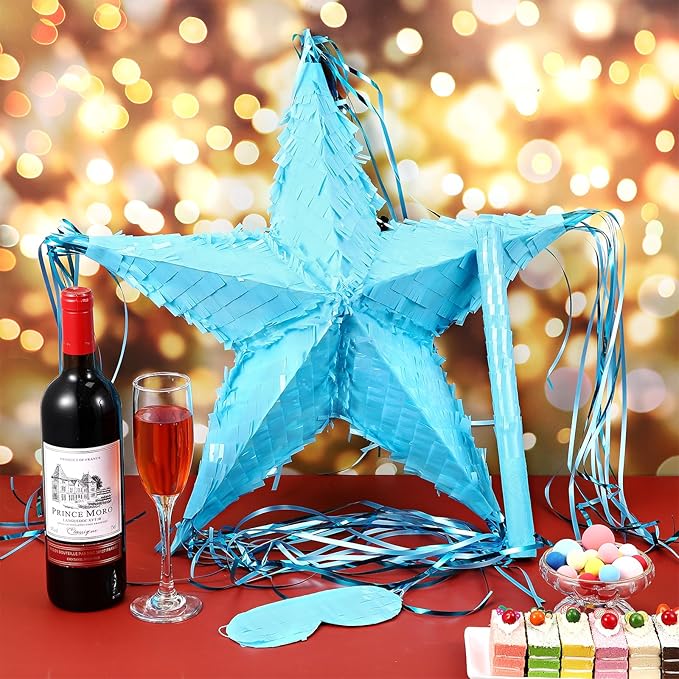 Hanaive Foil Star Piñata with Blindfold and Bat for Birthday Foldable Star Shape Piñata with Stick Festive Fiesta Party Supplies Favors for Mexican Party (Blue)