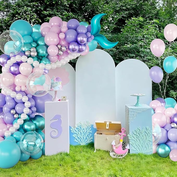 Mermaid Balloon Garland Arch Kit,145pcs Purple Pink Blue balloons with Little Mermaid Tails Birthday Party Decorations Balloons for Gender Reveal Under the Sea Ocean Baby Shower Themed Party Supplies