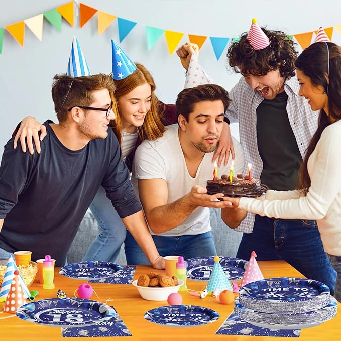 Grencian 96Pcs 18th Birthday Party Decorations Blue and Silver 18th Birthday Plates and Napkins Disposable Paper Tableware Set for Teens Boys Girls 18 Years Old Party Supplies, Serves 24
