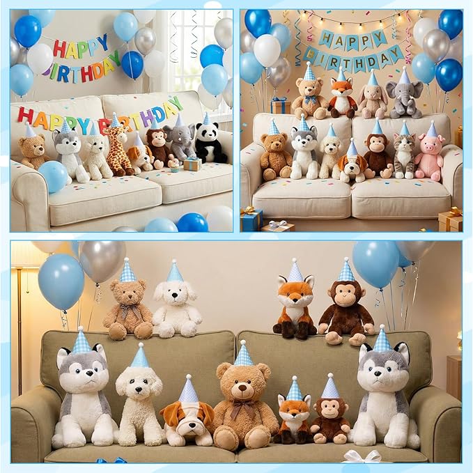 12 Pcs Mini Party Hats for Stuffed Animals, Felt Cone Hats with Pom Poms Baby Blue Polka Dot Checkered Mini Birthday Party Hat for Dolls Small Dogs Cats Birthday Holiday Pet Accessories