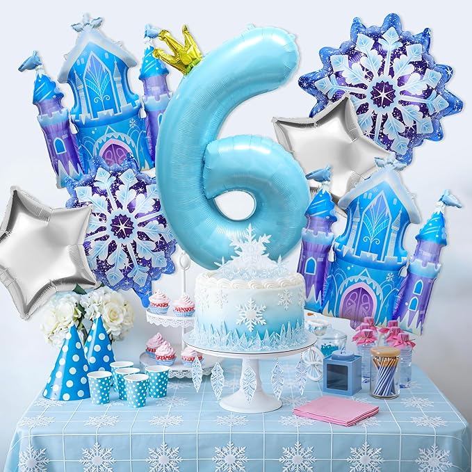7Pcs 6th Birthday Party Decorations Balloons,Winter Snowflake Balloons Large Blue 40 Inch Number 6 Balloon Foil Star Castle Ballon for Birthday Party Favor Decor Supplies Winter Wonderland Decoration