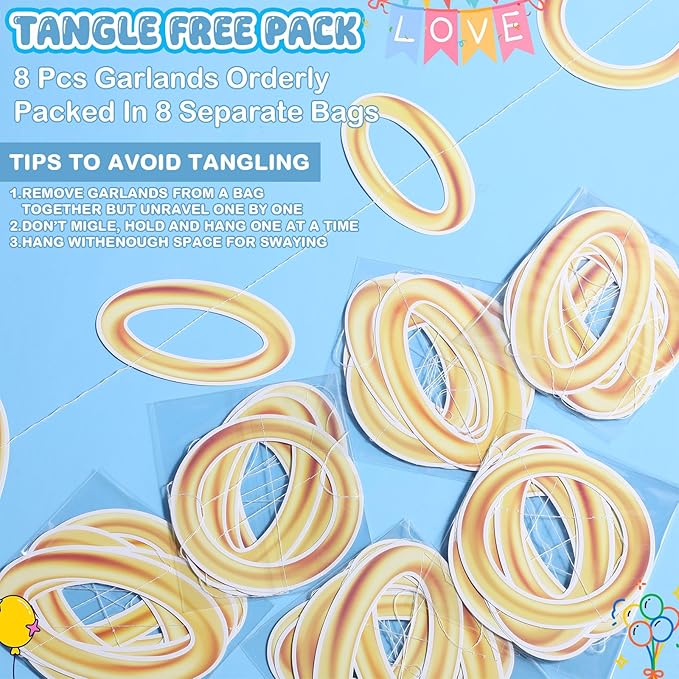 Janlaugh 8 Pcs Gold Rings Party Decorations Gold Power Rings Garland Banner Golden Classroom Ceiling Hanging Streamers Cutouts for Video Games Birthday Baby Shower Party Supplies Photo Booth Backdrops