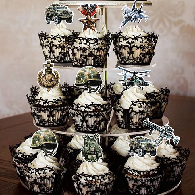 40 Pack Military Cupcake Toppers Airplane Car Military Happy Birthday Cupcake Pick Kids birthday Army Baby Shower Military Fan Cupcake Decorations Party Supplies
