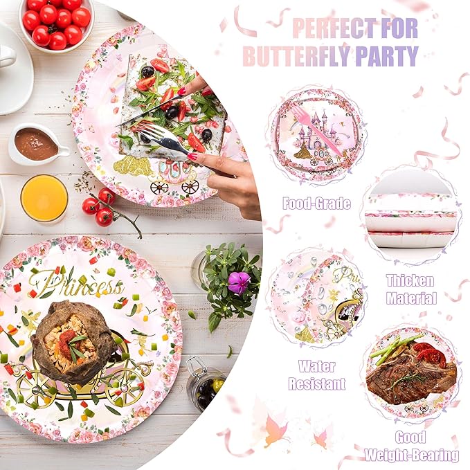 CANREVEL 96 PCS Princess Party Plates Serve 24, Princess Plates and Napkins Forks Set, Disposable Tableware for Birthday Supplies Party Decorations for Grils Kids Women