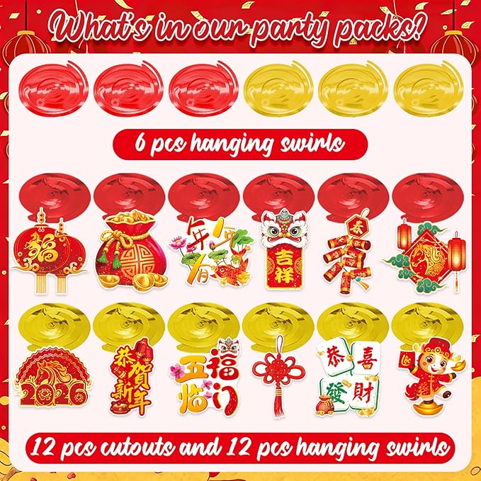 2026 Chinese New Year Hanging Swirls, 30Pcs Lunar New Year Ceiling Streamers Spring Festival Swirls for Chinese Horse Party Hanging Decorations