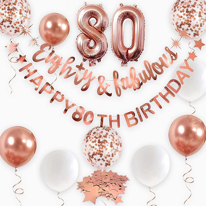 Rose Gold Eighty & Fabulous Happy 80th Birthday Banner Garland Foil Balloon 80 for Womens 80th Birthday Decorations Hanging 80 and Fabulous Cheers to 80 Years Old Birthday Party Supplies Backdrop