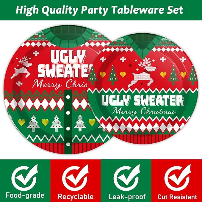 gisgfim 96 Pcs Christmas Ugly Sweater Paper Plate Napkins Party Supplies Tacky Sweater Party Birthday Decorations Favors for Xmas Serves 24
