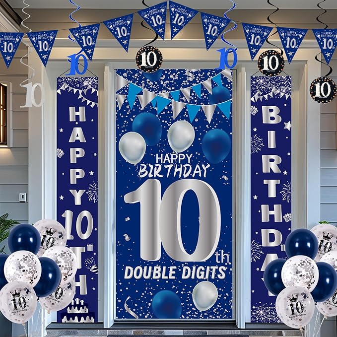 10th Birthday Decorations for Boys Girls, Navy Blue Happy 10th Birthday Door Banner Sign, 10 Years Old Party Supplies Teenagers Bday Backdrop Balloons Hanging Decors