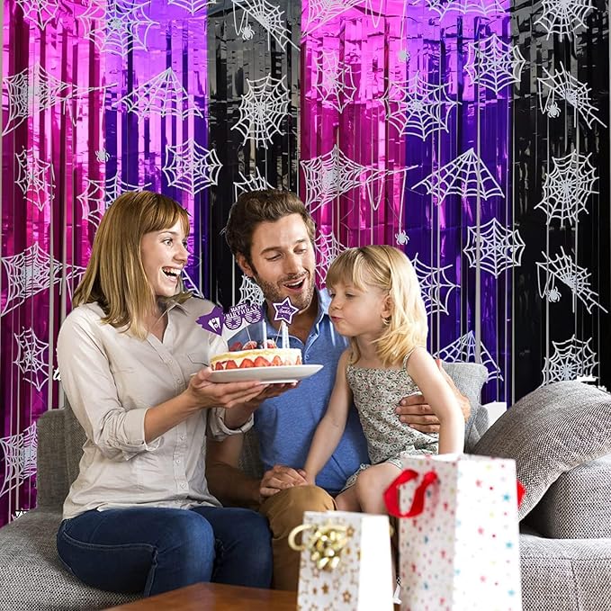 Wednesday Birthday Party Supplies 2 Pack Wednesday Party Streamers Backdrop Tinsel Foil Fringe Curtains Halloween Party Decorations Pink Purple and Black Background for Girls Birthday Party Supplies