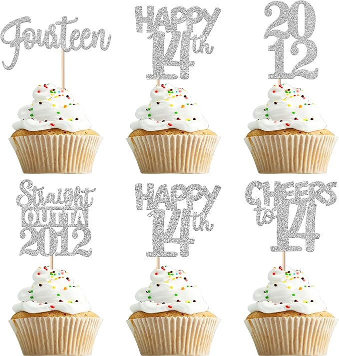 30PCS 14th Birthday Cupcake Toppers Glitter Fourteen Happy 14th Straight Outta 2012 Cupcake Picks for Cheers to 14 Years 14th Birthday Wedding Anniversary Party Decoration Supplies Silver