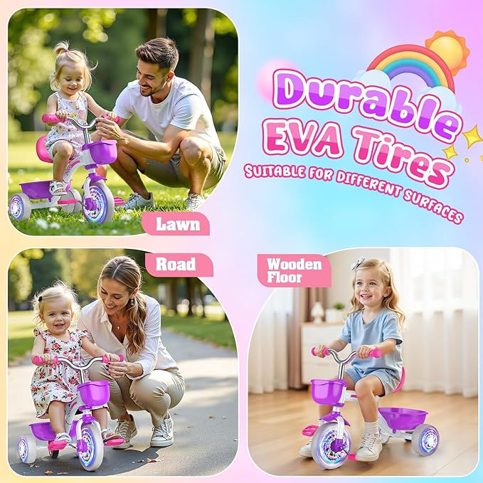 Toddler Tricycle for 1-3 3-5 Year Olds, 2 3 4 5 Year Old Girl Birthday Gifts, Purple Toddler Baby Bike, 4-Level Adjustable Seat, 3 Color Light Wheels, 2 Baskets, Outdoor Riding Toys for Ages 2-4