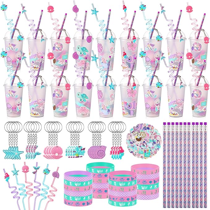 194 Pcs Valentine Gift Mermaid Party Favors Goody Cup Fillers, Mermaid Birthday Party Decorations Straws Keychains Pencils Bracelets for Goodie Bag Stuffer, Classroom Rewards, Piñata Supplies