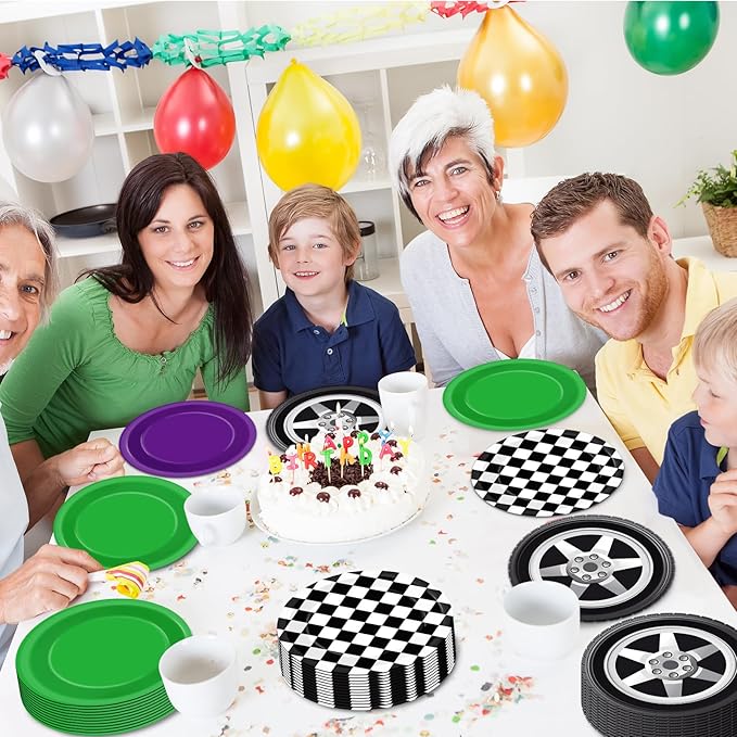 60Pcs Monster Truck Party Paper Plates Green Purple Monster Truck Birthday Party Supplies 7 Inch Black and White Checked Theme Disposable Dinner Dessert Cake Plates for Kids Racing Car Birthday Decor