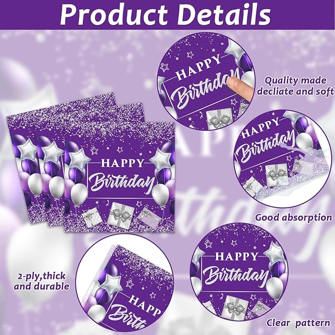 96 Pcs Purple Birthday Party Supplies Paper Plates Napkins Purple Silver Happy Birthday Tableware Set Dinner Dessert Table Decorations Favors for Women Girls Serves 24