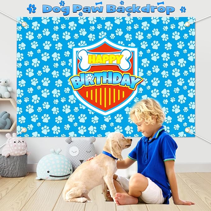 Winrayk 156Pcs Dog Paw Birthday Party Decorations Supplies for Boys Kids Teen, Blue Paw Print Balloon Arch Kit & Backdrop & Tablecloth & Dog Bone Foil Balloons, Puppy Theme Birthday Party Decorations