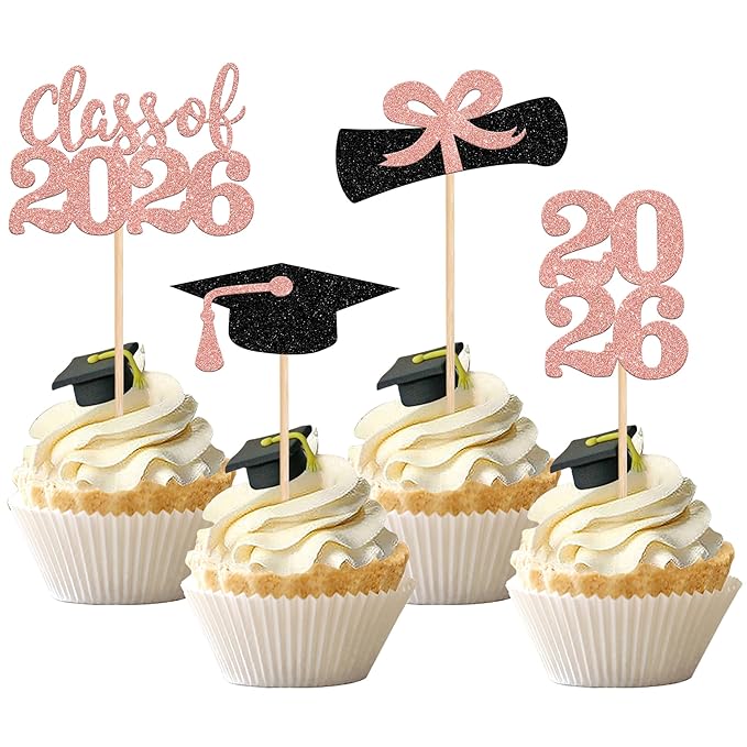 36 PCS 2026 Graduation Theme Cupcake Toppers Glitter Class of 2026 Grad Cap Diploma Cupcake Picks 2026 Graduation Theme Party Cake Decorations Supplies Rose Gold
